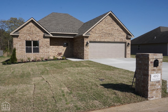 view of front facade featuring brick siding, a garage, concrete driveway, roof with shingles, and a front lawn