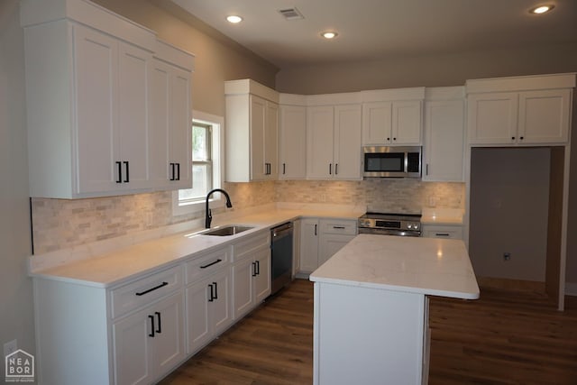 kitchen with a center island, visible vents, a sink, dark wood-type flooring, and appliances with stainless steel finishes