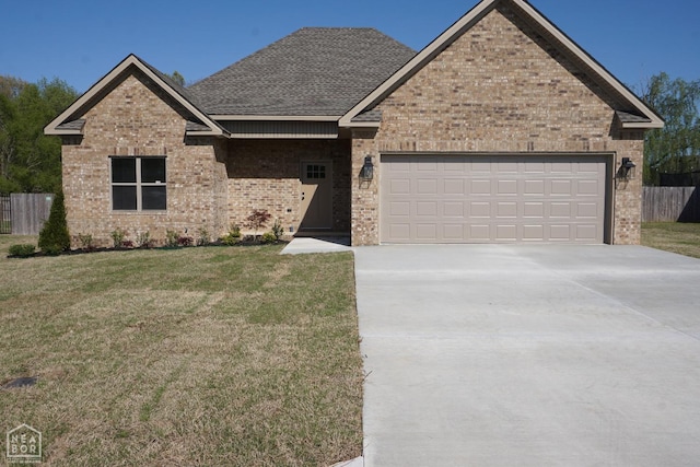 view of front of property with concrete driveway, brick siding, a front lawn, and an attached garage
