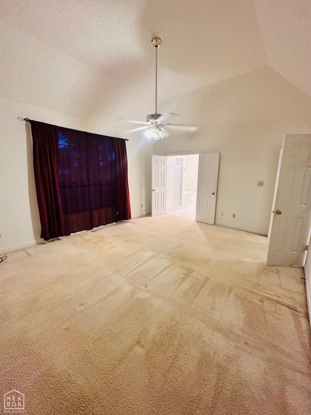 2208 John Cir, Newport, AR 72112 - unfurnished living room featuring carpet floors, ceiling fan, baseboards, and lofted ceiling