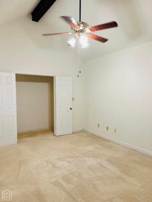 2208 John Cir, Newport, AR 72112 - unfurnished bedroom with high vaulted ceiling, a ceiling fan, light carpet, baseboards, and beam ceiling