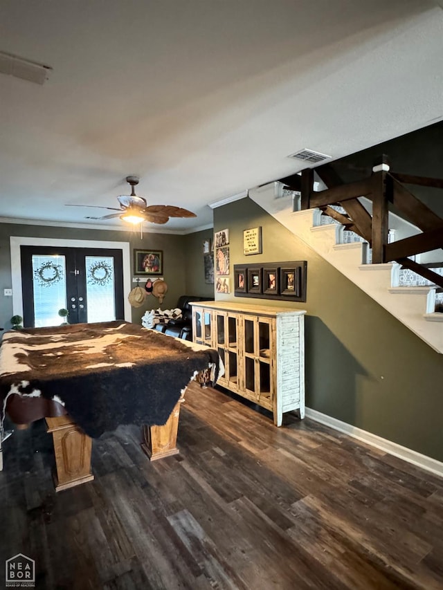 515 6th, Marked Tree, AR 72365 - rec room with pool table, wood finished floors, french doors, ornamental molding, and ceiling fan