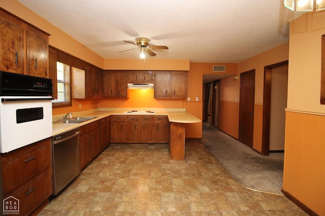 1704 Rector Rd, Paragould, AR 72450 - kitchen with white appliances, a sink, under cabinet range hood, light countertops, and a ceiling fan