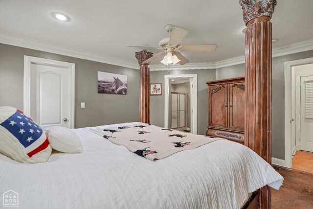 430 County Road 751, Jonesboro, AR 72405 - bedroom featuring crown molding, baseboards, recessed lighting, ceiling fan, and ornate columns