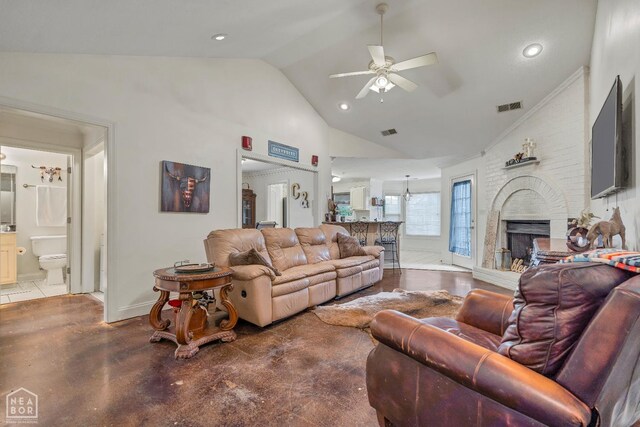430 County Road 751, Jonesboro, AR 72405 - living area featuring a ceiling fan, a fireplace, baseboards, recessed lighting, and high vaulted ceiling