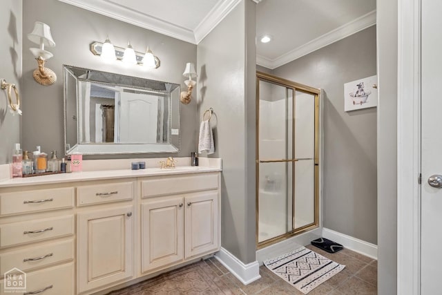 430 County Road 751, Jonesboro, AR 72405 - bathroom with a shower stall, baseboards, ornamental molding, and vanity