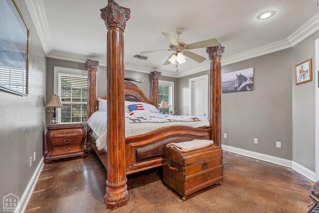 430 County Road 751, Jonesboro, AR 72405 - bedroom with baseboards, ornate columns, crown molding, finished concrete floors, and recessed lighting