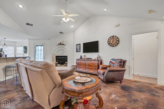 430 County Road 751, Jonesboro, AR 72405 - living area featuring a ceiling fan, finished concrete flooring, a brick fireplace, recessed lighting, and high vaulted ceiling