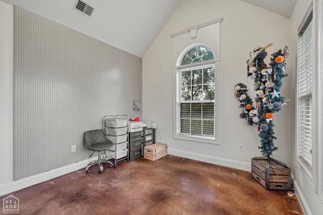 430 County Road 751, Jonesboro, AR 72405 - home office featuring concrete floors, vaulted ceiling, and baseboards