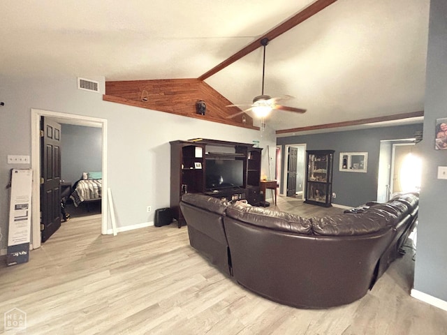 living area featuring visible vents, a ceiling fan, baseboards, and wood finished floors