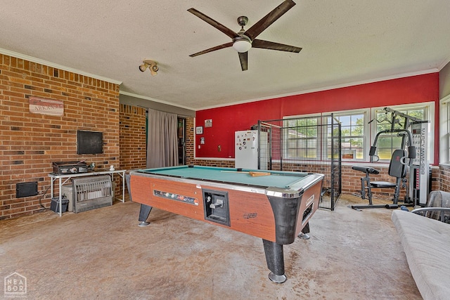 406 E Ash St E, Keiser, AR 72351 - rec room featuring brick wall, pool table, ceiling fan, a textured ceiling, and ornamental molding