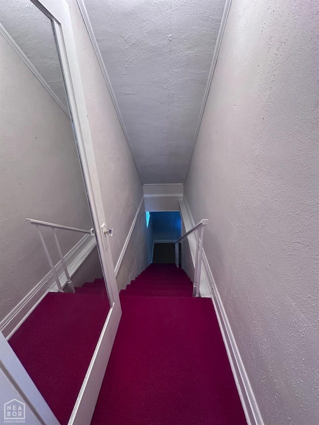 582 N 4th Ave, Piggott, AR 72454 - stairs featuring carpet, a textured ceiling, and a textured wall