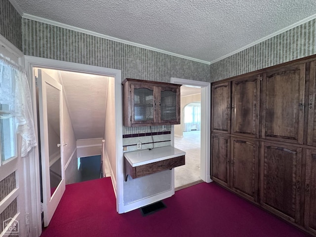 582 N 4th Ave, Piggott, AR 72454 - bathroom featuring wallpapered walls, a textured ceiling, and crown molding
