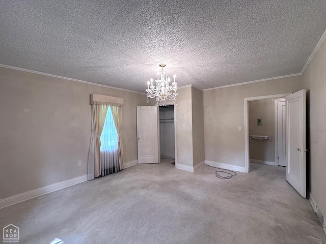 582 N 4th Ave, Piggott, AR 72454 - unfurnished bedroom featuring a chandelier, a textured ceiling, ornamental molding, a closet, and light carpet