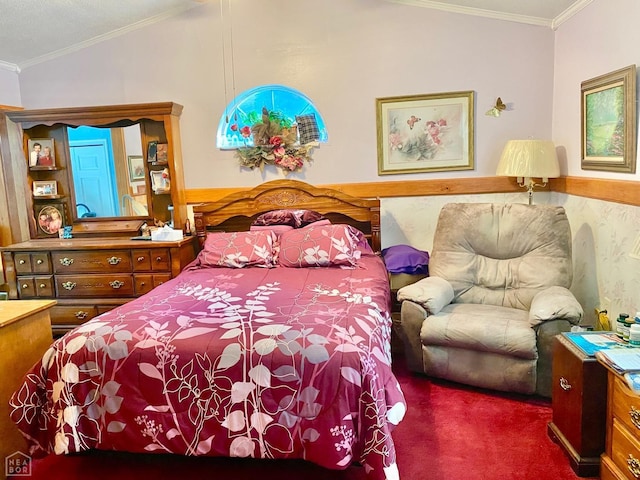 3601 Palestine Rd, Warm Springs, AR 72478 - bedroom featuring crown molding, carpet, and lofted ceiling