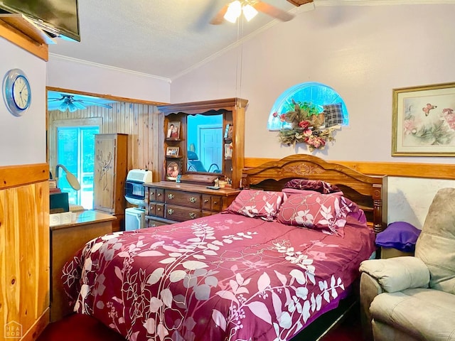 3601 Palestine Rd, Warm Springs, AR 72478 - bedroom featuring crown molding, wooden walls, a ceiling fan, and vaulted ceiling