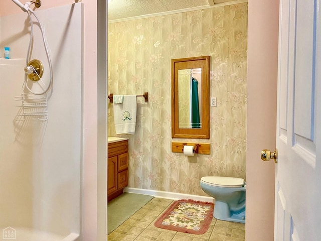 3601 Palestine Rd, Warm Springs, AR 72478 - bathroom with vanity, baseboards, wallpapered walls, and toilet