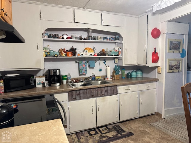 2201 Pyburn Ext, Pocahontas, AR 72455 - kitchen with black appliances, under cabinet range hood, open shelves, and white cabinets
