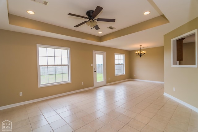 1805 Covey Dr, Jonesboro, AR 72404 - unfurnished room with a raised ceiling, a chandelier, ceiling fan, light tile patterned floors, and recessed lighting