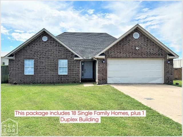 1805 Covey Dr, Jonesboro, AR 72404 - view of front of house featuring a garage, a front yard, driveway, brick siding, and roof with shingles
