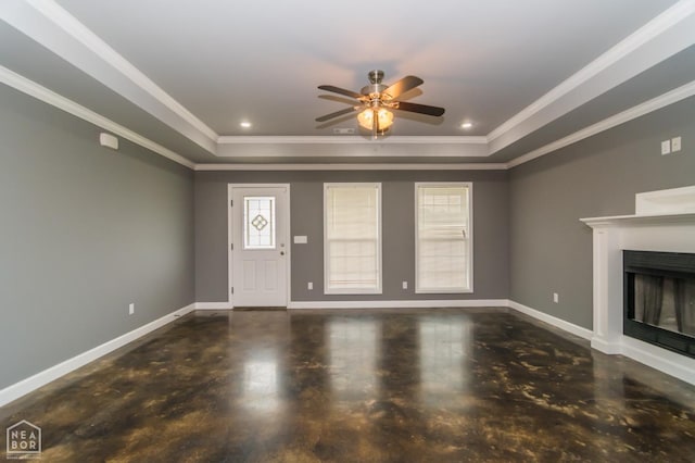 1805 Covey Dr, Jonesboro, AR 72404 - unfurnished living room with a raised ceiling, ceiling fan, a fireplace, ornamental molding, and finished concrete flooring