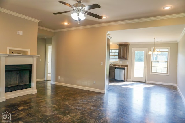 1805 Covey Dr, Jonesboro, AR 72404 - unfurnished living room with a ceiling fan, finished concrete flooring, ornamental molding, a fireplace, and recessed lighting