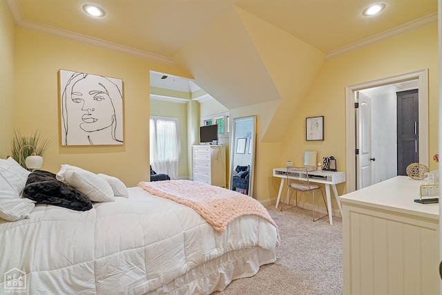 bedroom with crown molding, light carpet, and recessed lighting