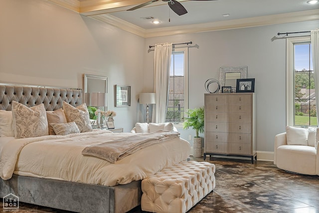 bedroom featuring recessed lighting, baseboards, ornamental molding, ceiling fan, and visible vents