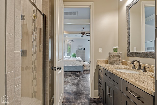 bathroom featuring connected bathroom, a ceiling fan, a stall shower, visible vents, and vanity