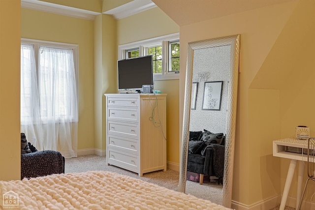bedroom with light carpet and baseboards