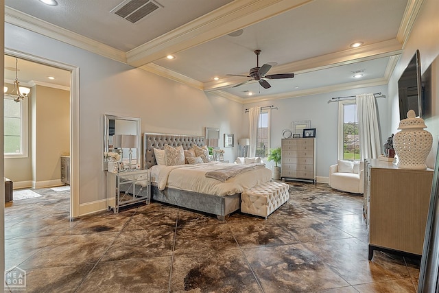 bedroom with baseboards, recessed lighting, crown molding, and visible vents
