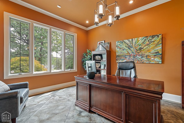 home office with crown molding, baseboards, a chandelier, and recessed lighting