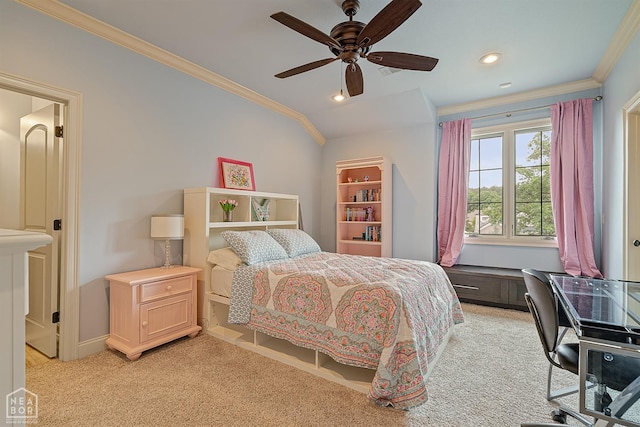 bedroom with crown molding, light carpet, and recessed lighting