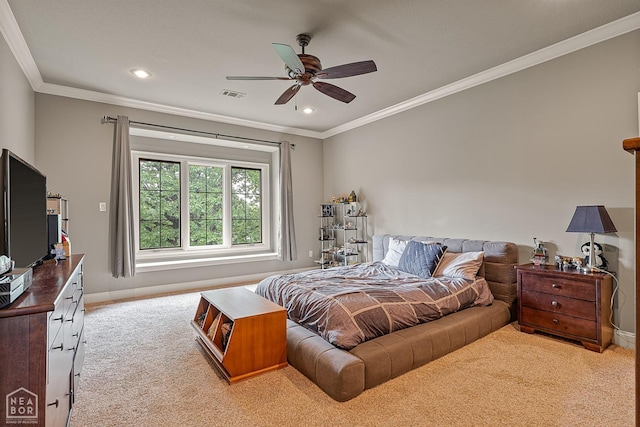 carpeted bedroom with recessed lighting, crown molding, and visible vents