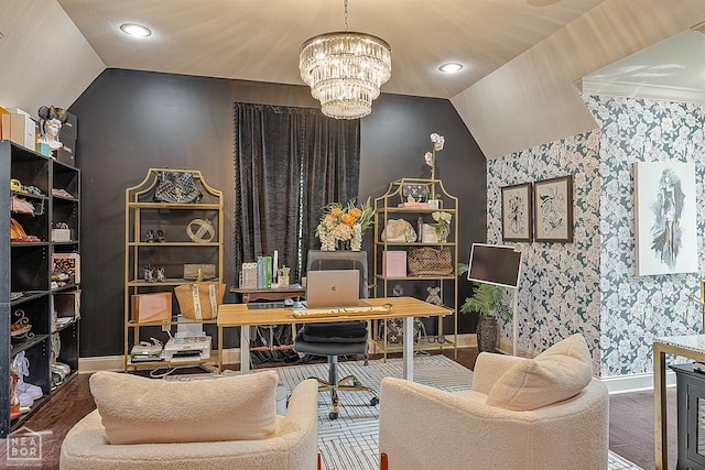 office space featuring baseboards, recessed lighting, vaulted ceiling, a notable chandelier, and wallpapered walls