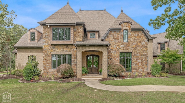 french country home with a front lawn, roof with shingles, french doors, and stone siding