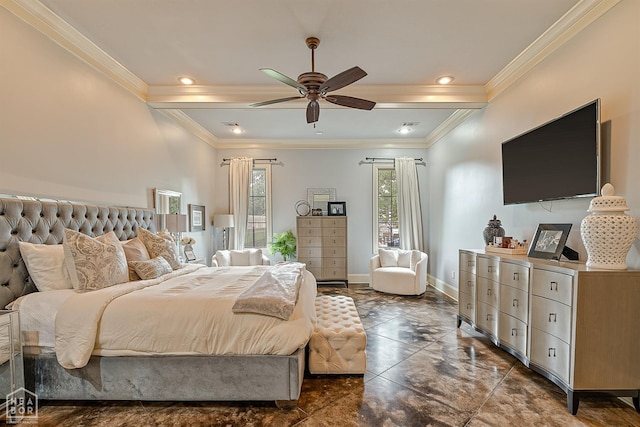 bedroom featuring crown molding, baseboards, and a ceiling fan