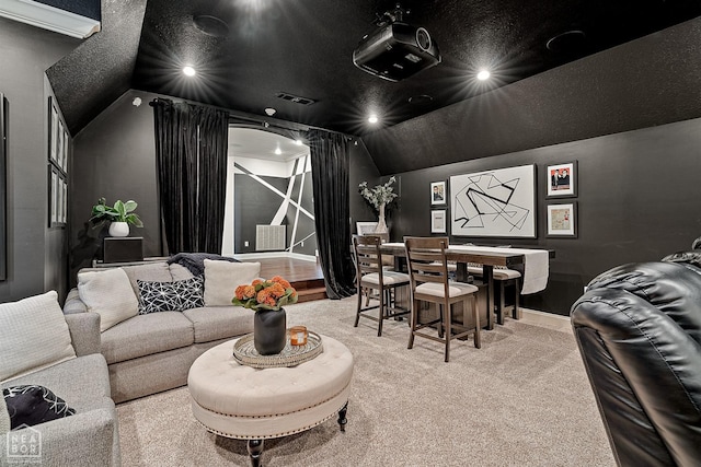 home theater with carpet, baseboards, a dry bar, lofted ceiling, and recessed lighting