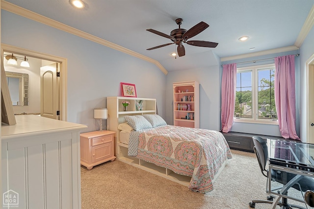 bedroom featuring crown molding, light colored carpet, a ceiling fan, and recessed lighting