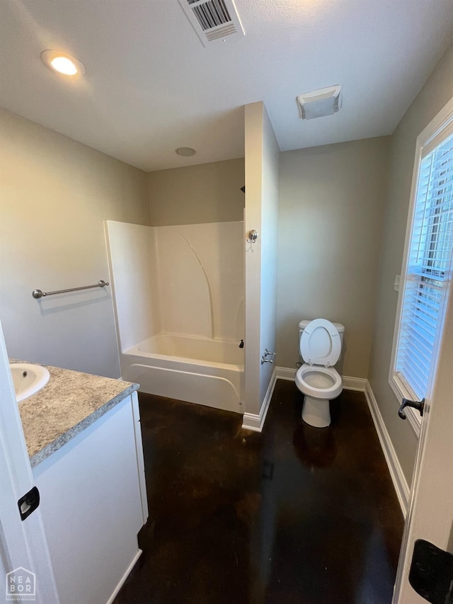 997 Russell Hill Dr, Jonesboro, AR 72404 - bathroom with shower / bathtub combination, vanity, visible vents, toilet, and baseboards
