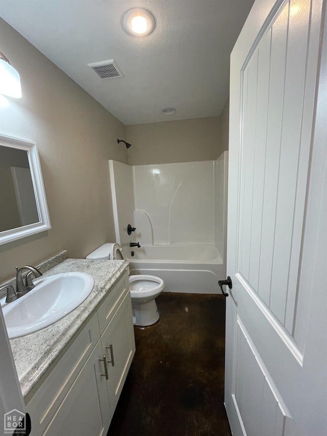997 Russell Hill Dr, Jonesboro, AR 72404 - bathroom featuring concrete floors, visible vents, toilet, shower / bathing tub combination, and vanity