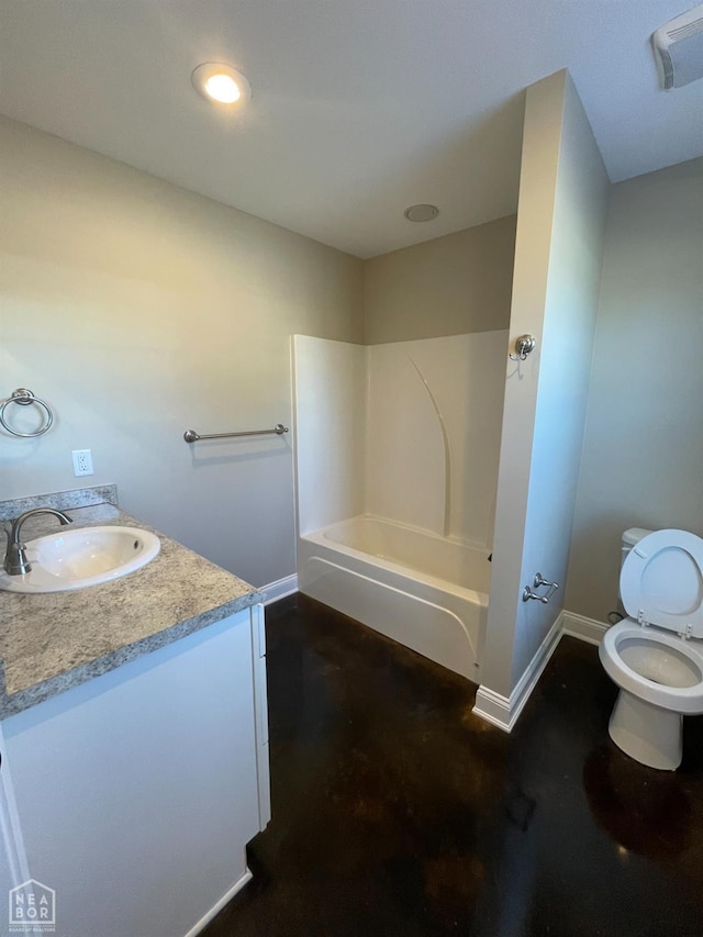 997 Russell Hill Dr, Jonesboro, AR 72404 - bathroom featuring toilet, vanity, baseboards, and shower / bathing tub combination