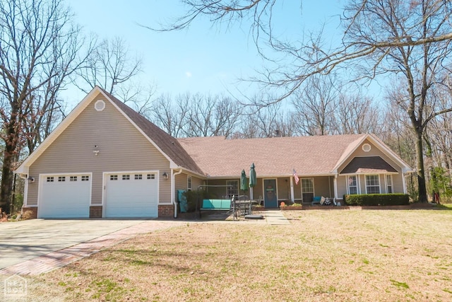 ranch-style home with a garage, concrete driveway, a front lawn, and a chimney