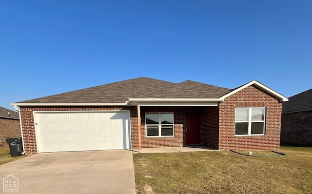 3804 Glitterman Dr, Jonesboro, AR 72404 - ranch-style house with concrete driveway, brick siding, an attached garage, a front lawn, and a shingled roof