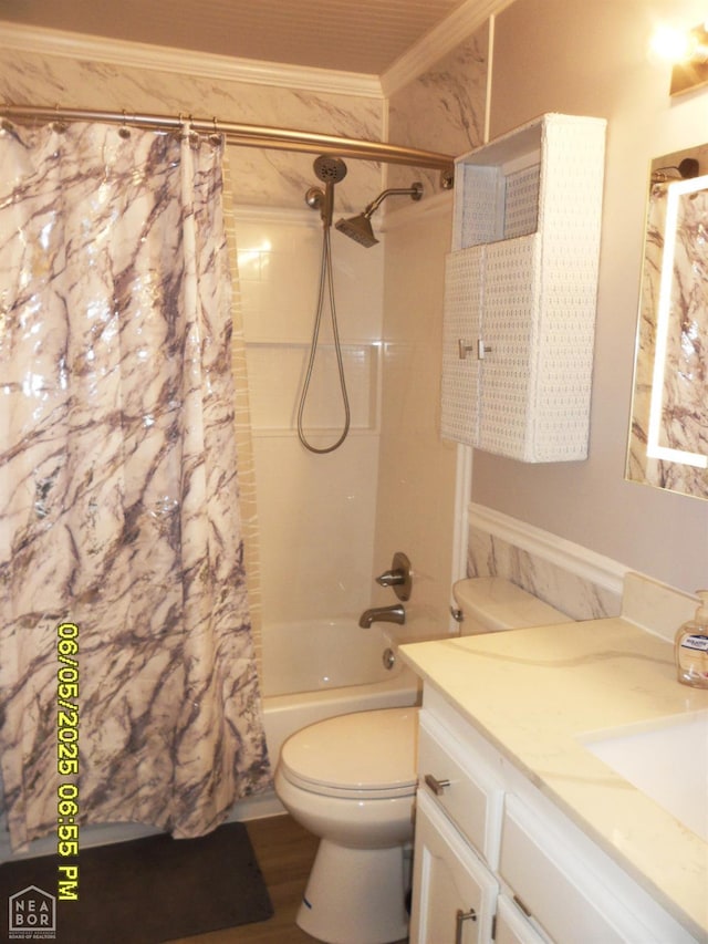 404 Logan St, Newport, AR 72112 - bathroom featuring vanity, toilet, crown molding, and shower / bathtub combination with curtain
