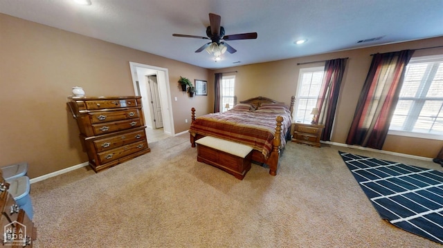 bedroom with visible vents, baseboards, a ceiling fan, carpet, and recessed lighting