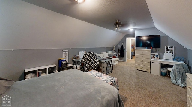 bedroom featuring carpet flooring and vaulted ceiling