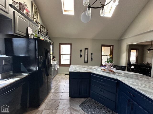 13534 Mc 8001, Yellville, AR 72687 - kitchen with a wealth of natural light, black refrigerator with ice dispenser, a notable chandelier, and lofted ceiling