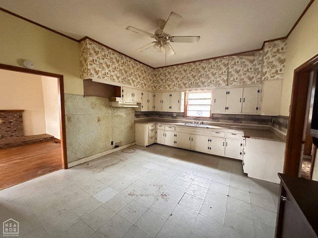kitchen with white cabinetry, a ceiling fan, crown molding, light floors, and a sink
