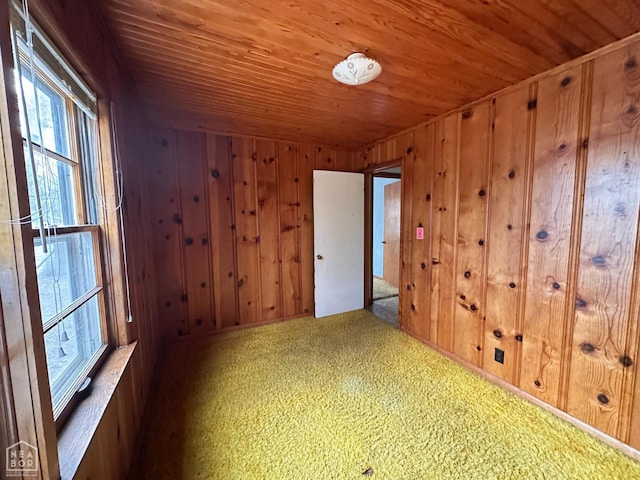 empty room featuring wood ceiling and wood walls